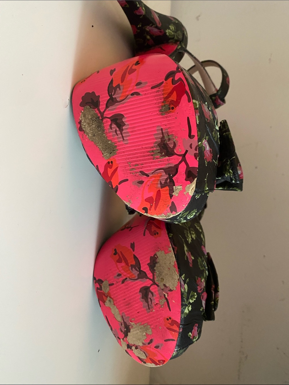 Betsey Johnson Black Floral Platform Ankle-Strap Heels with Pink Soles - Picture 4 of 5